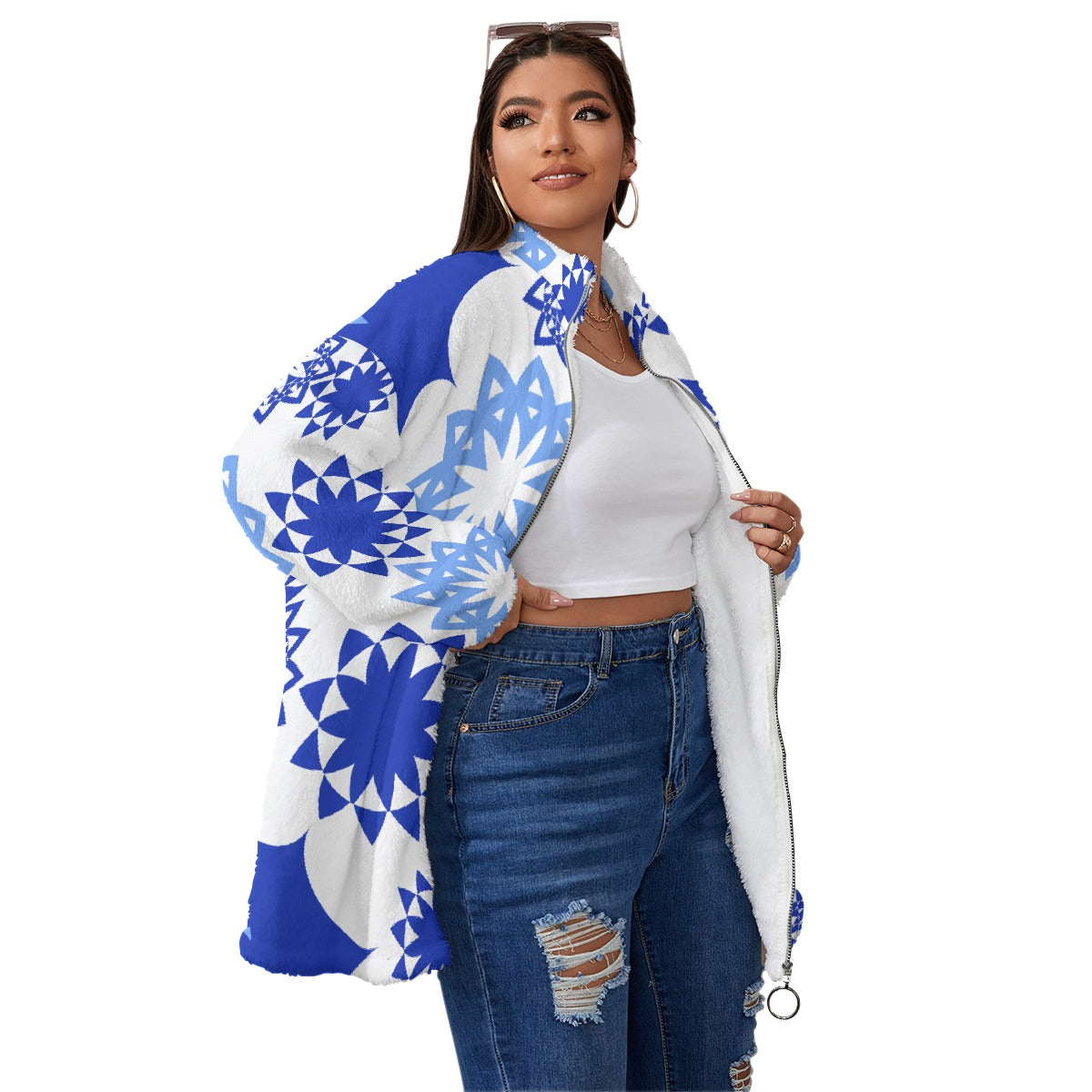 All-Over Print Unisex Borg Fleece Stand-up Collar Coat With Zipper Closure(Plus Size)