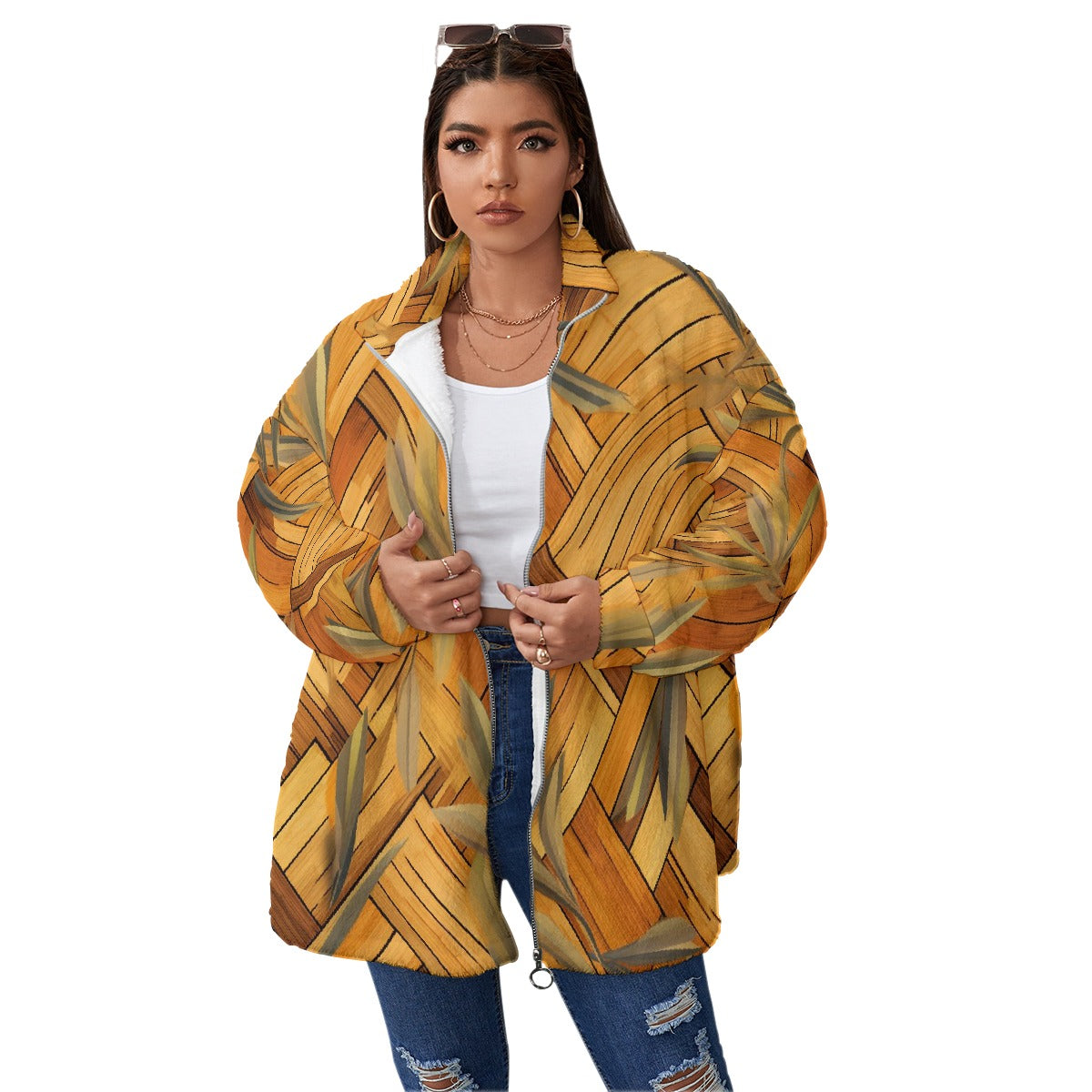 All-Over Print Unisex Borg Fleece Stand-up Collar Coat With Zipper Closure(Plus Size)