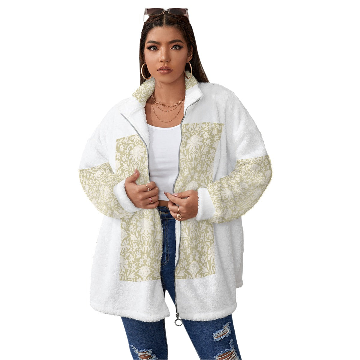 All-Over Print Unisex Borg Fleece Stand-up Collar Coat With Zipper Closure(Plus Size)