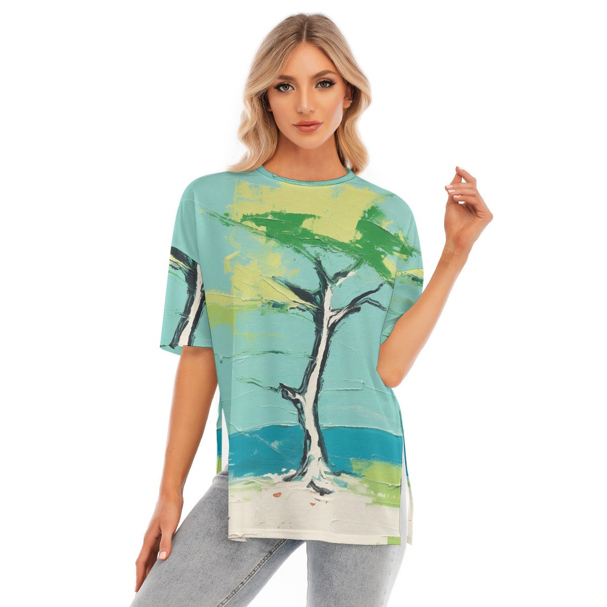 All-Over Print Women's Short Sleeves T-shirt With Hem Split