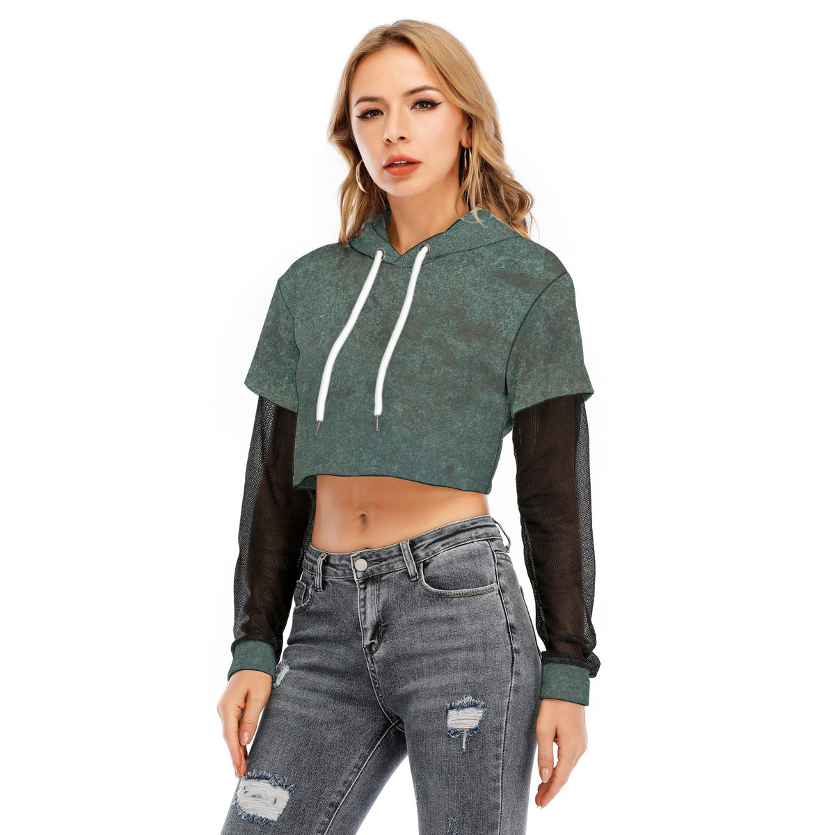 All-Over Print Women's Fake Two-piece Mesh Sleeve Cropped Hoodie