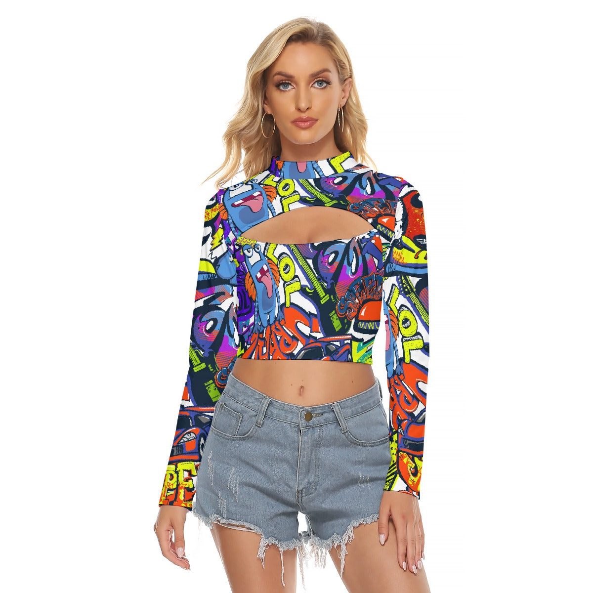 All-Over Print Women's Hollow Chest Keyhole Tight Crop Top