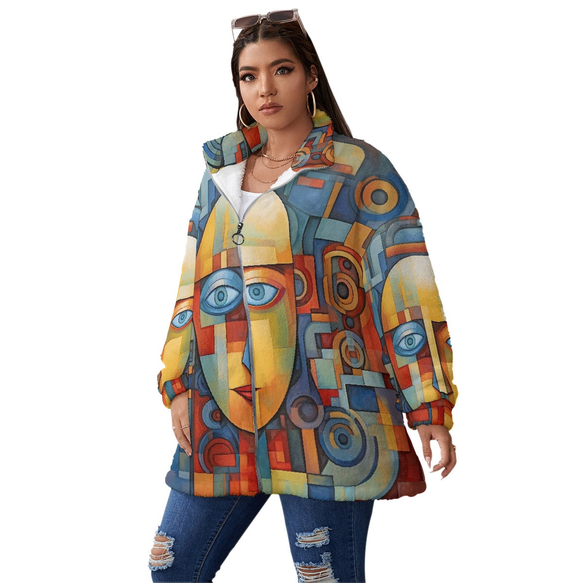 All-Over Print Unisex Borg Fleece Stand-up Collar Coat With Zipper Closure(Plus Size)