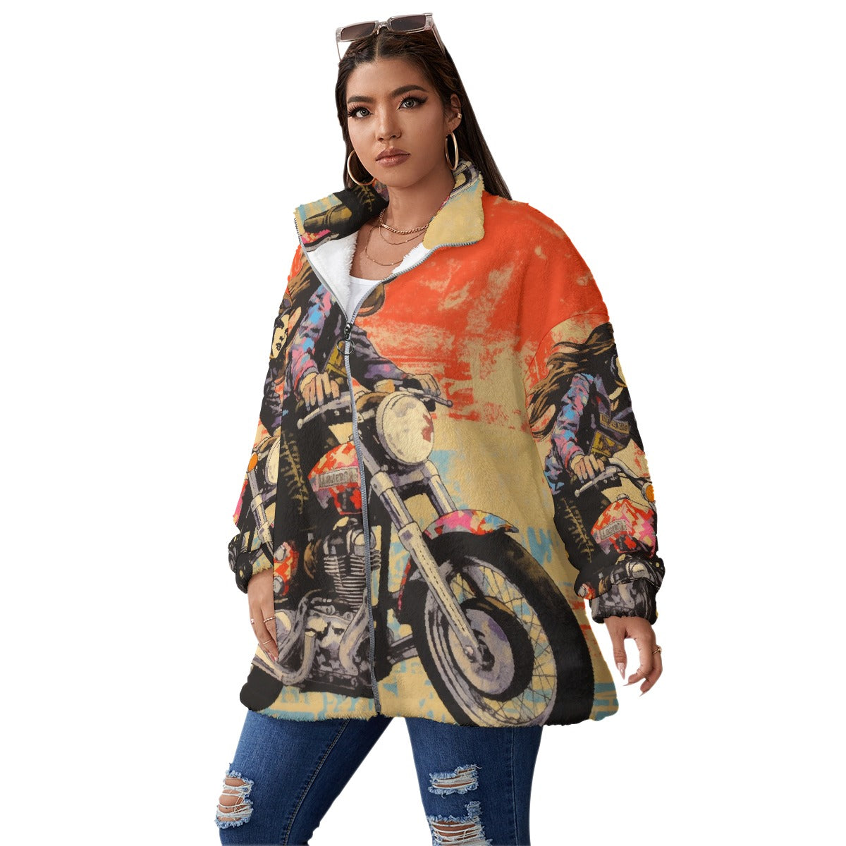 All-Over Print Unisex Borg Fleece Stand-up Collar Coat With Zipper Closure(Plus Size)