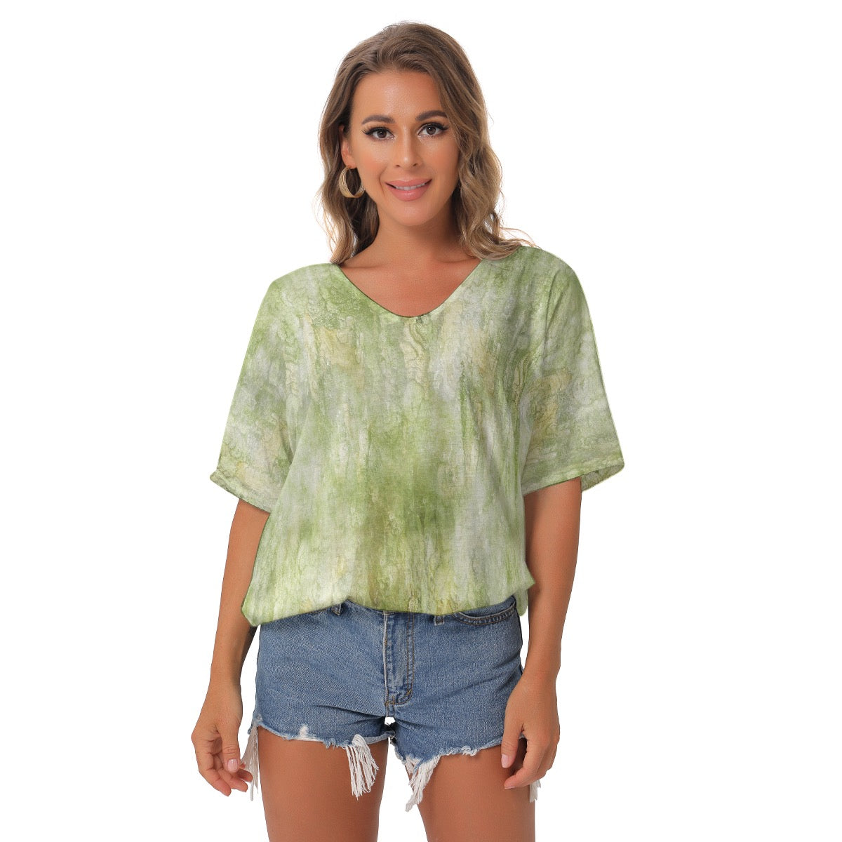 All-Over Print Women's Bat Sleeves V-Neck Blouse