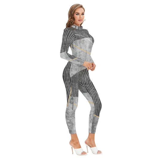 All-Over Print Women's Long-sleeved High-neck Jumpsuit With Zipper