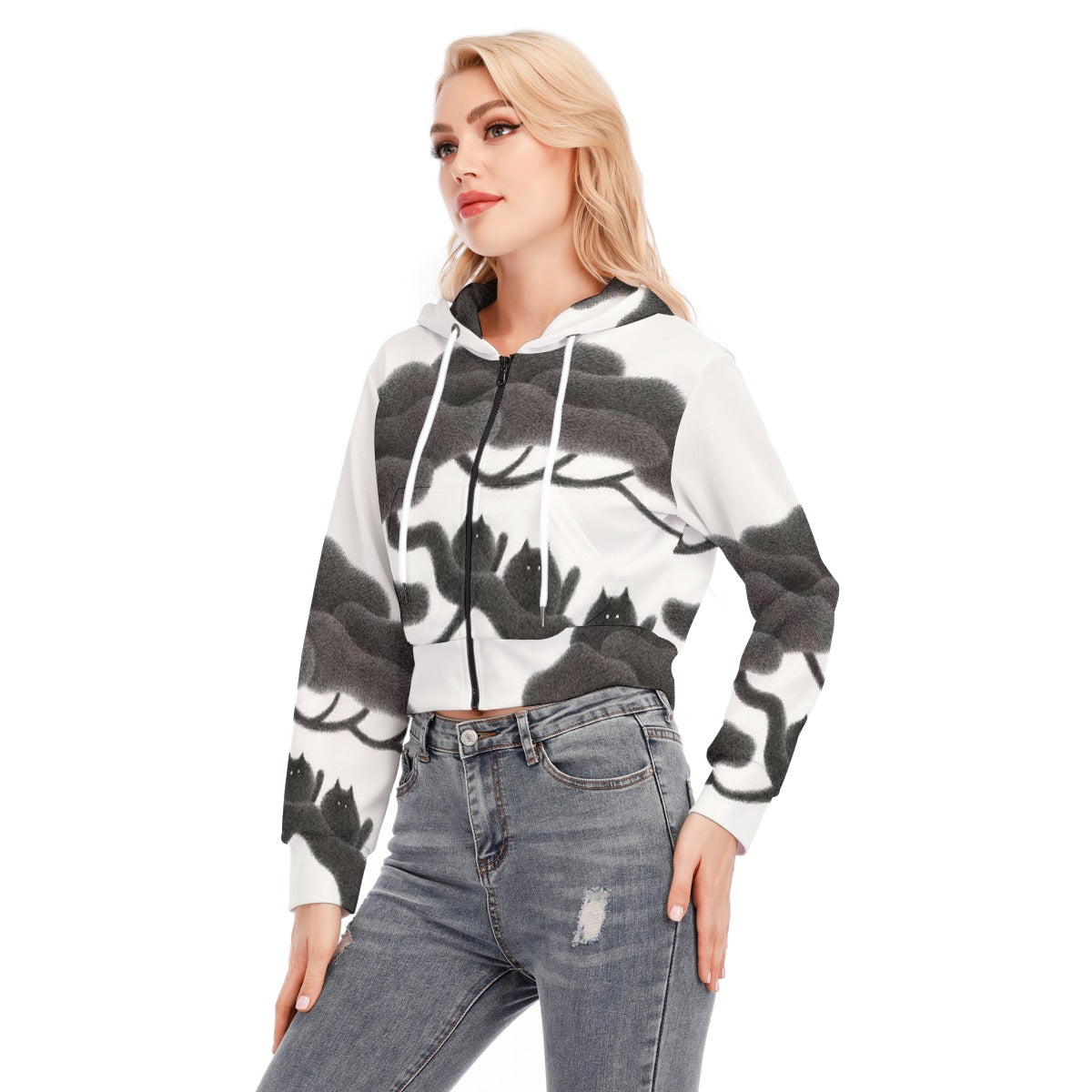All-Over Print Women's Crop Top Hoodie With Zipper Closure