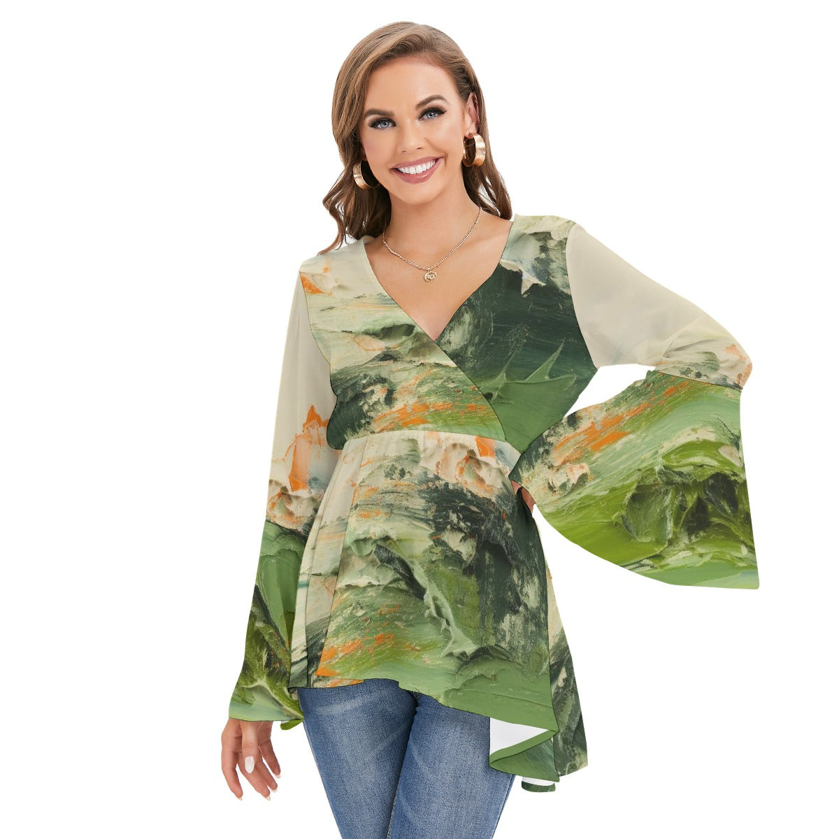 All-Over Print Women's V-neck Blouse With Flared Sleeves