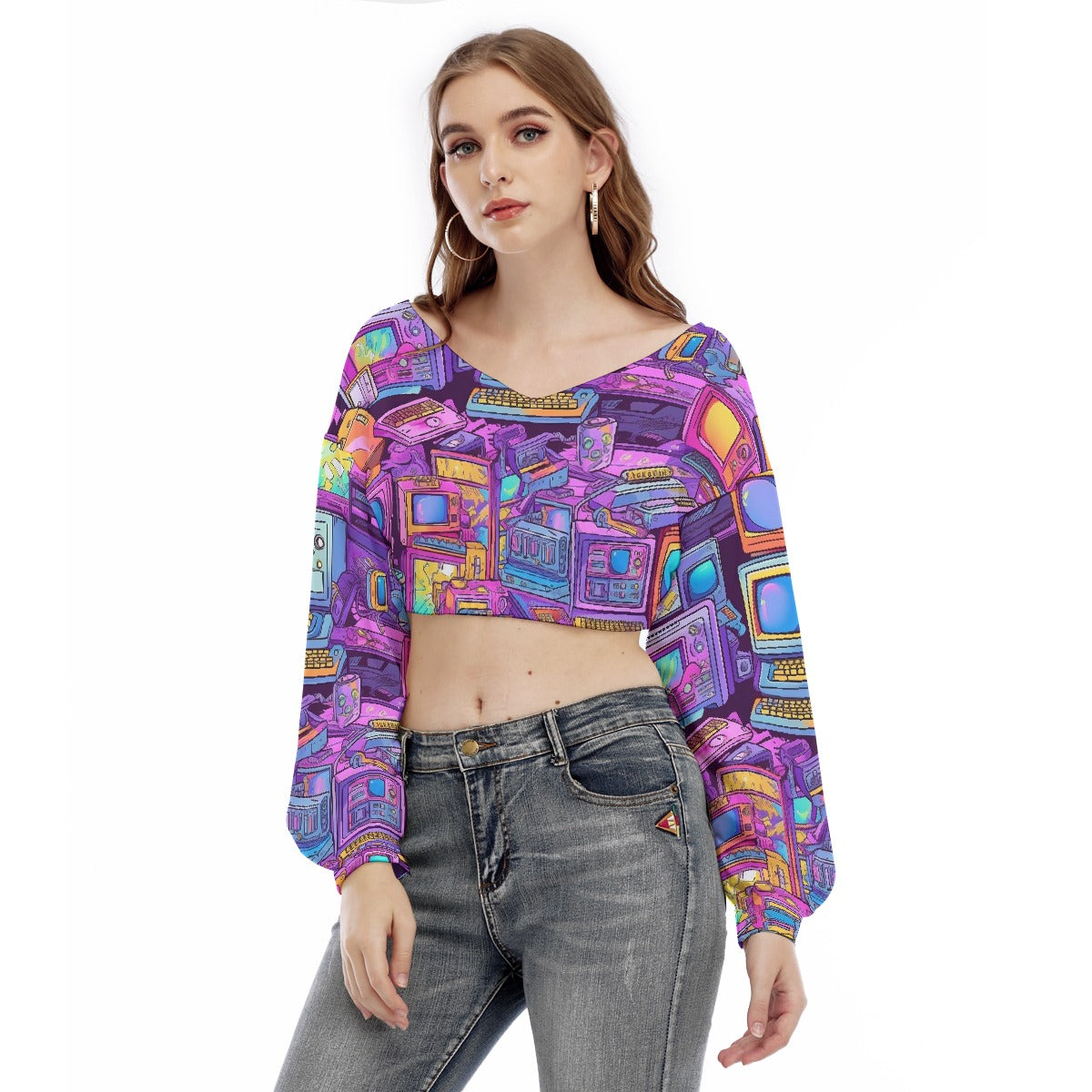 All-Over Print Women's V-neck Long Sleeve Cropped Sweatshirt