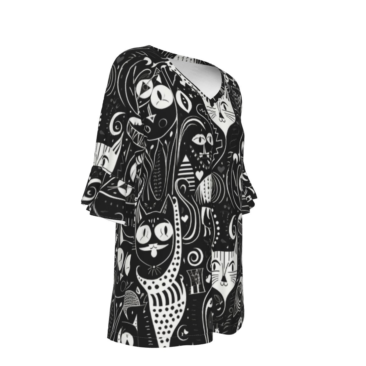 All-Over Print V-neck Women's T-shirt With Bell Sleeve