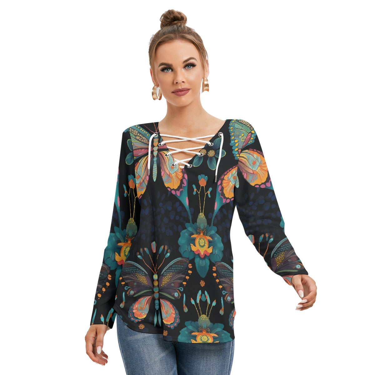 All-Over Print Women's Long Sleeve Neckline Tie Sweatshirt