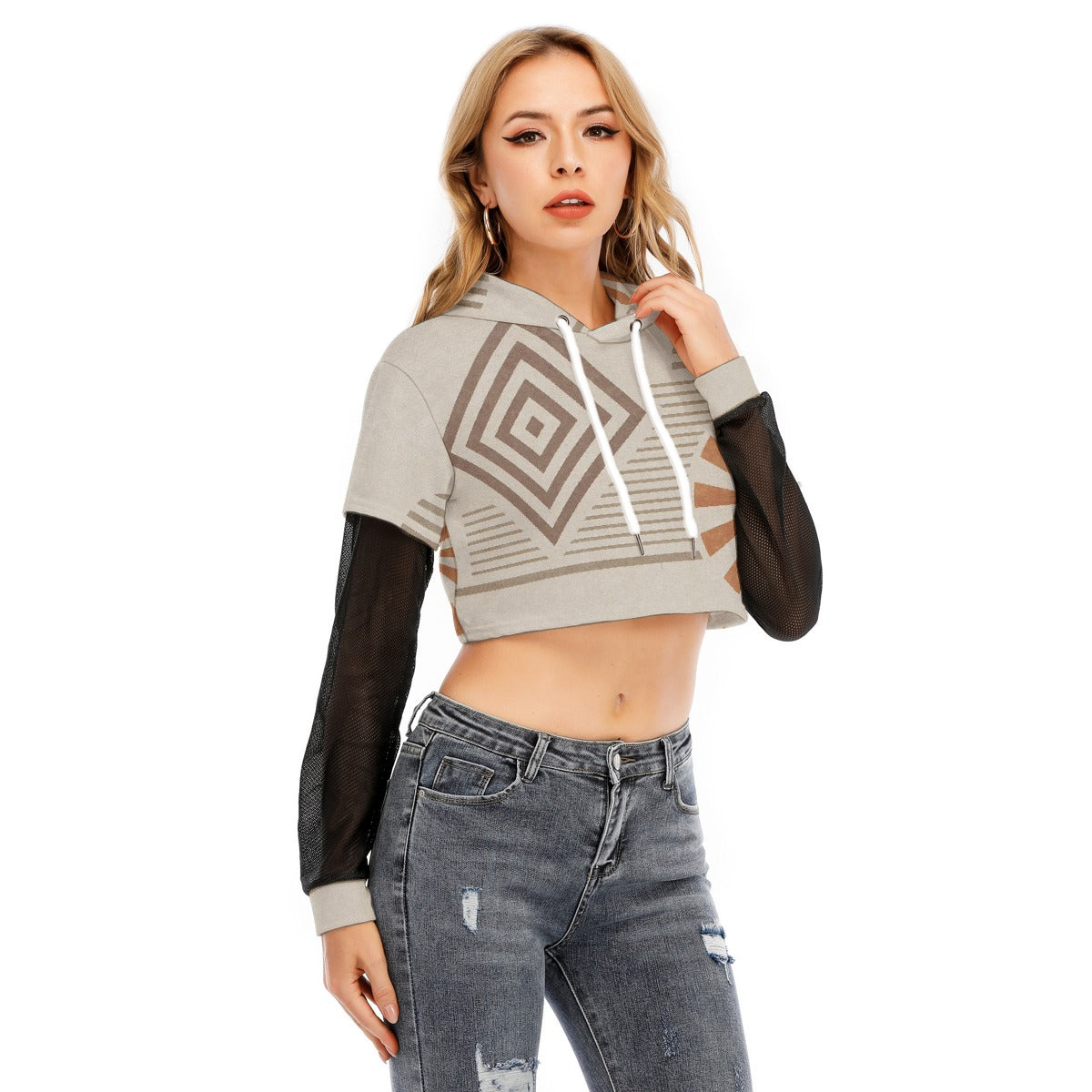 All-Over Print Women's Fake Two-piece Mesh Sleeve Cropped Hoodie