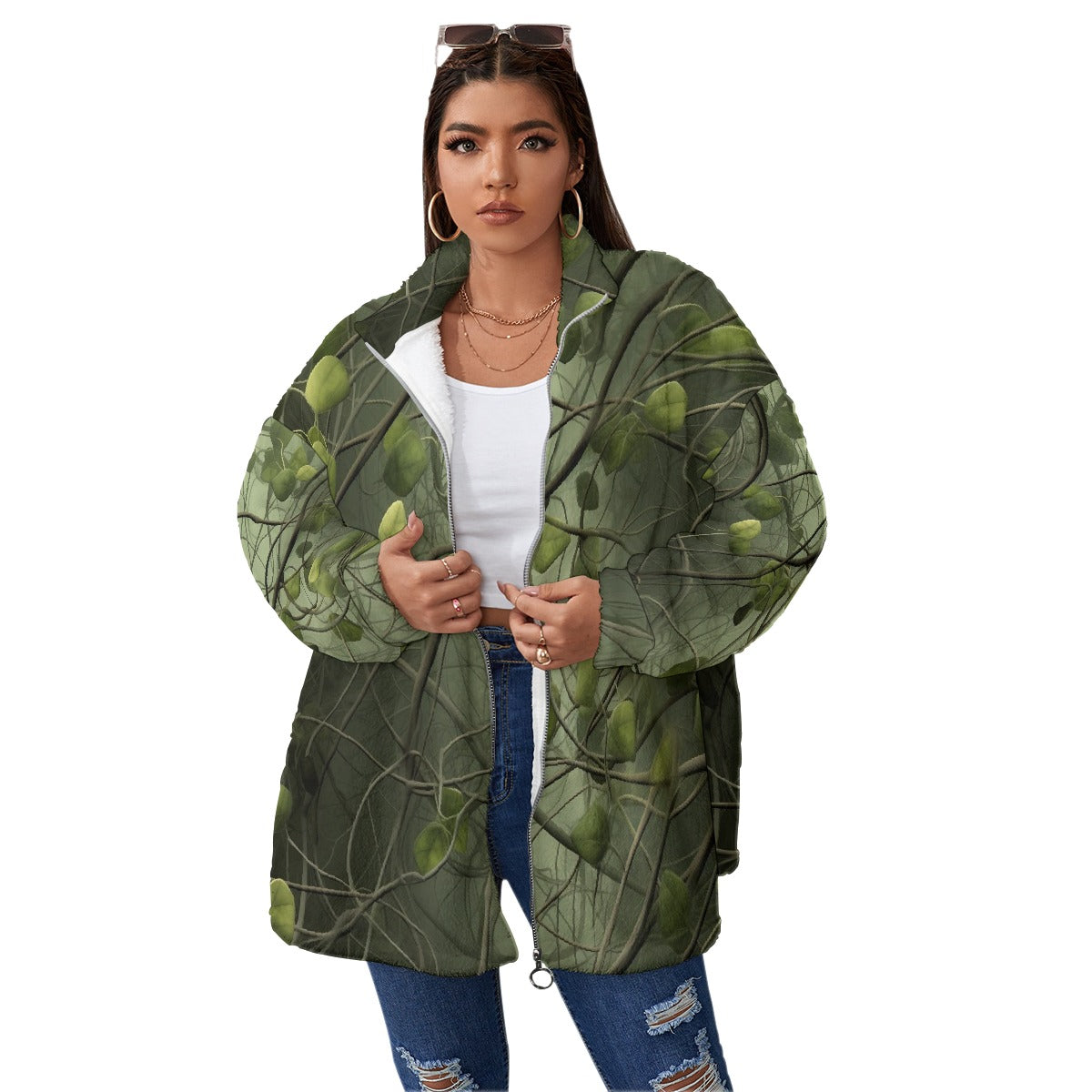 All-Over Print Unisex Borg Fleece Stand-up Collar Coat With Zipper Closure(Plus Size)
