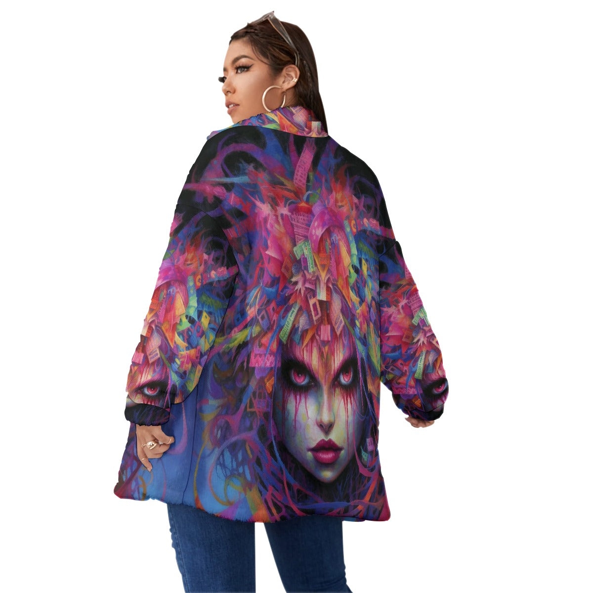 All-Over Print Unisex Borg Fleece Stand-up Collar Coat With Zipper Closure(Plus Size)