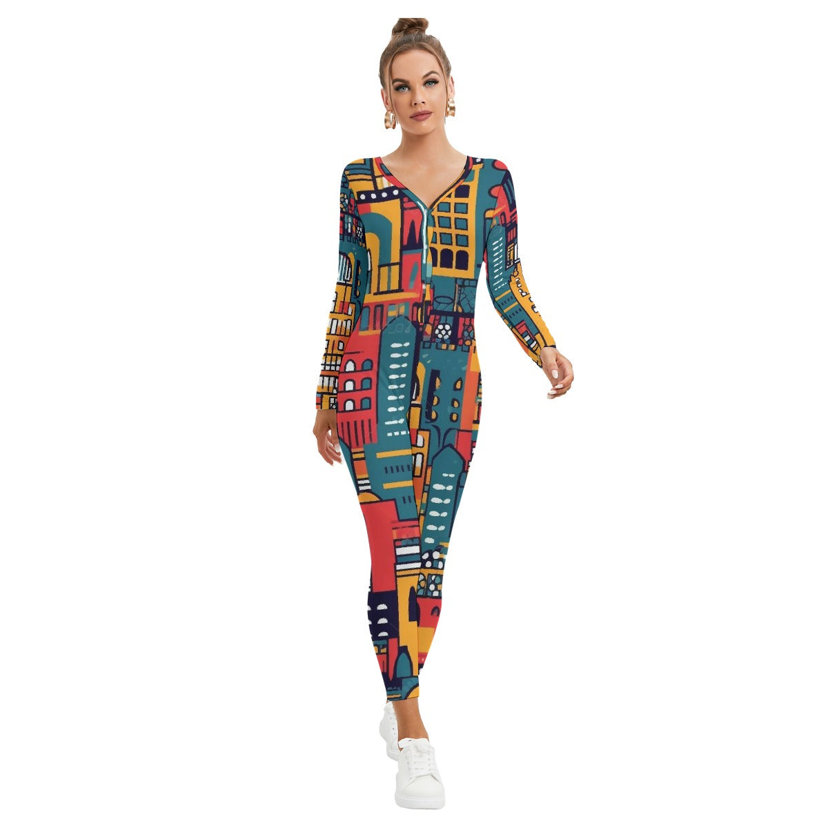 All-Over Print Women's Plunging Neck Jumpsuit