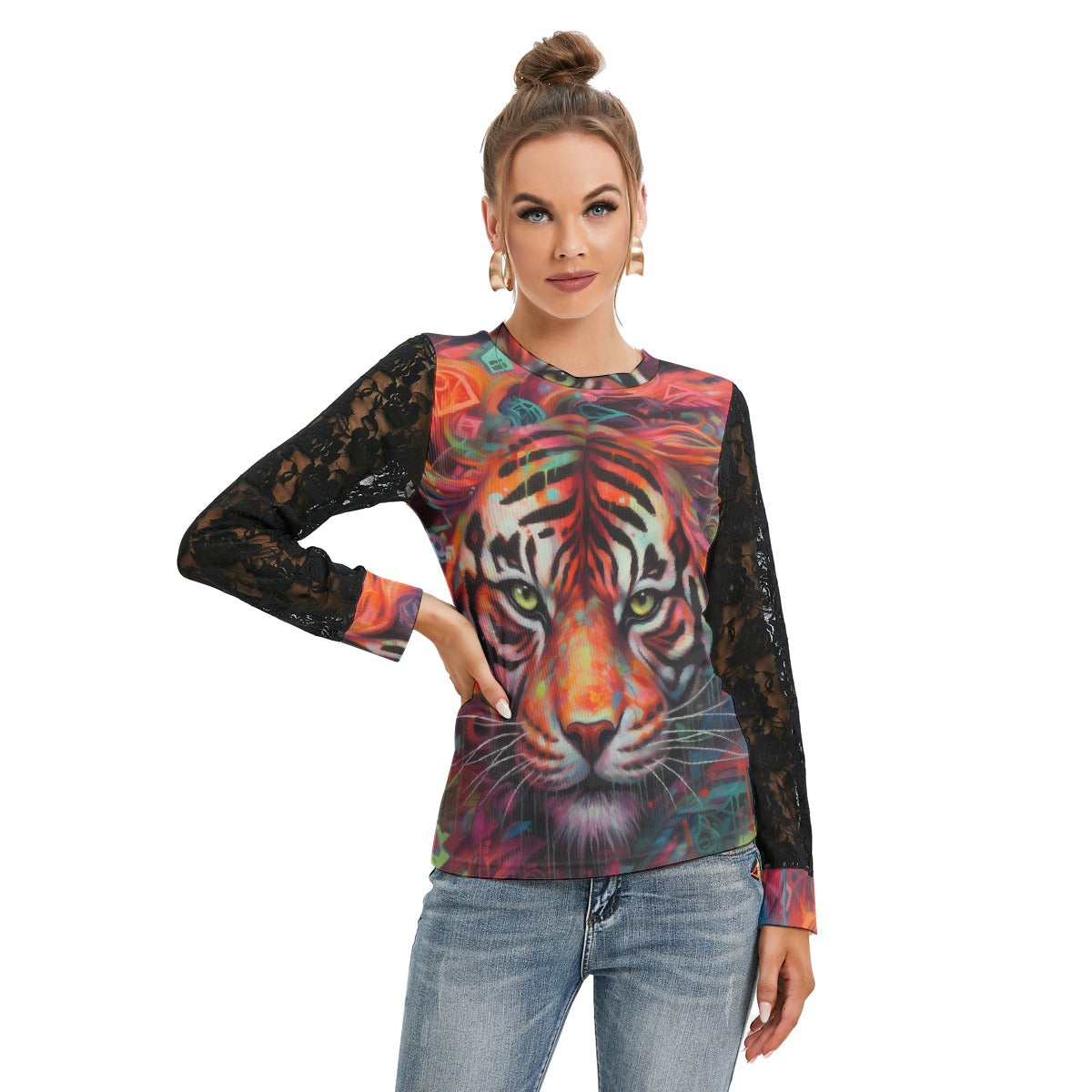 All-Over Print Women's T-shirt And Sleeve With Black Lace