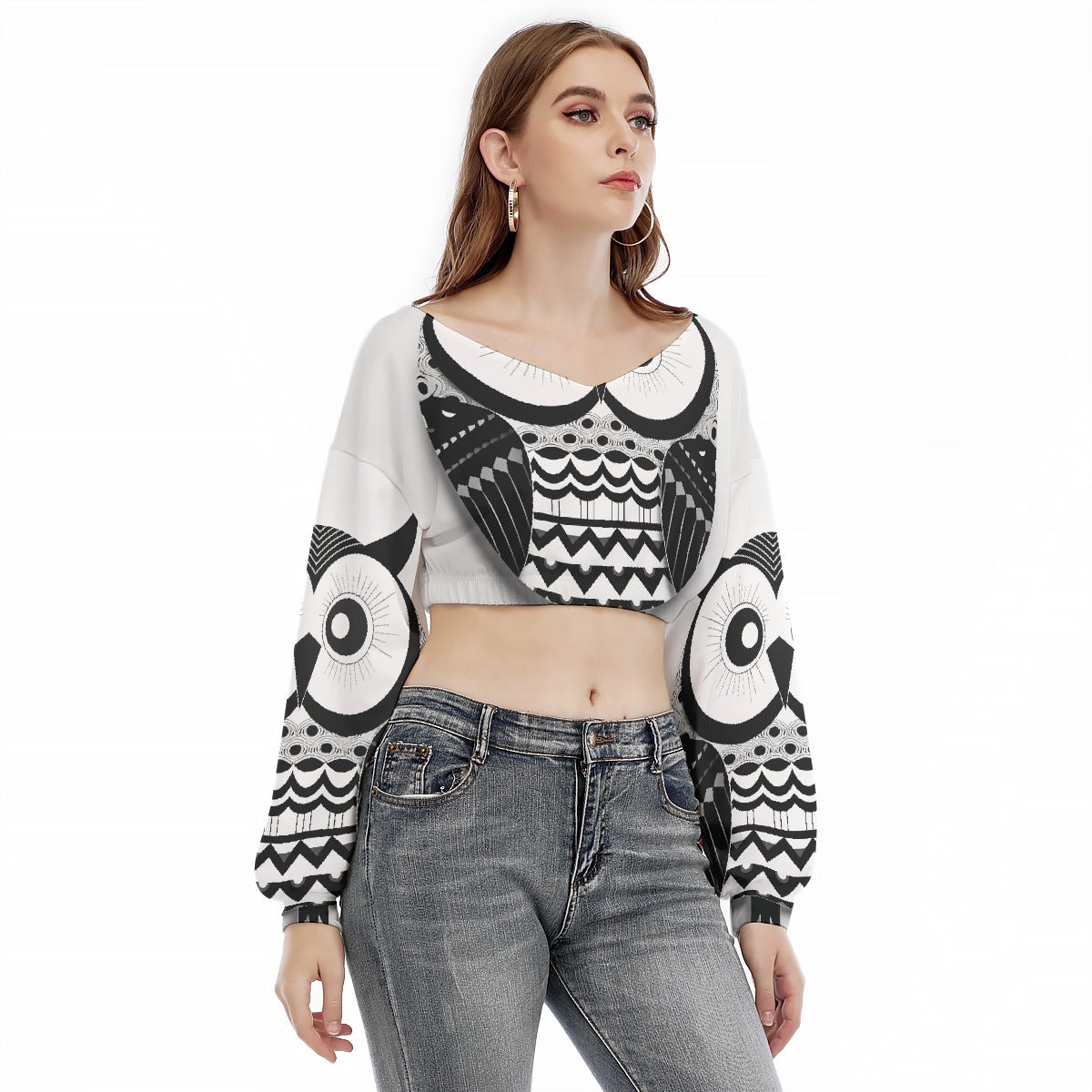 All-Over Print Women's V-neck Long Sleeve Cropped Sweatshirt