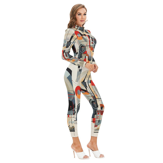 All-Over Print Women's Long-sleeved High-neck Jumpsuit With Zipper