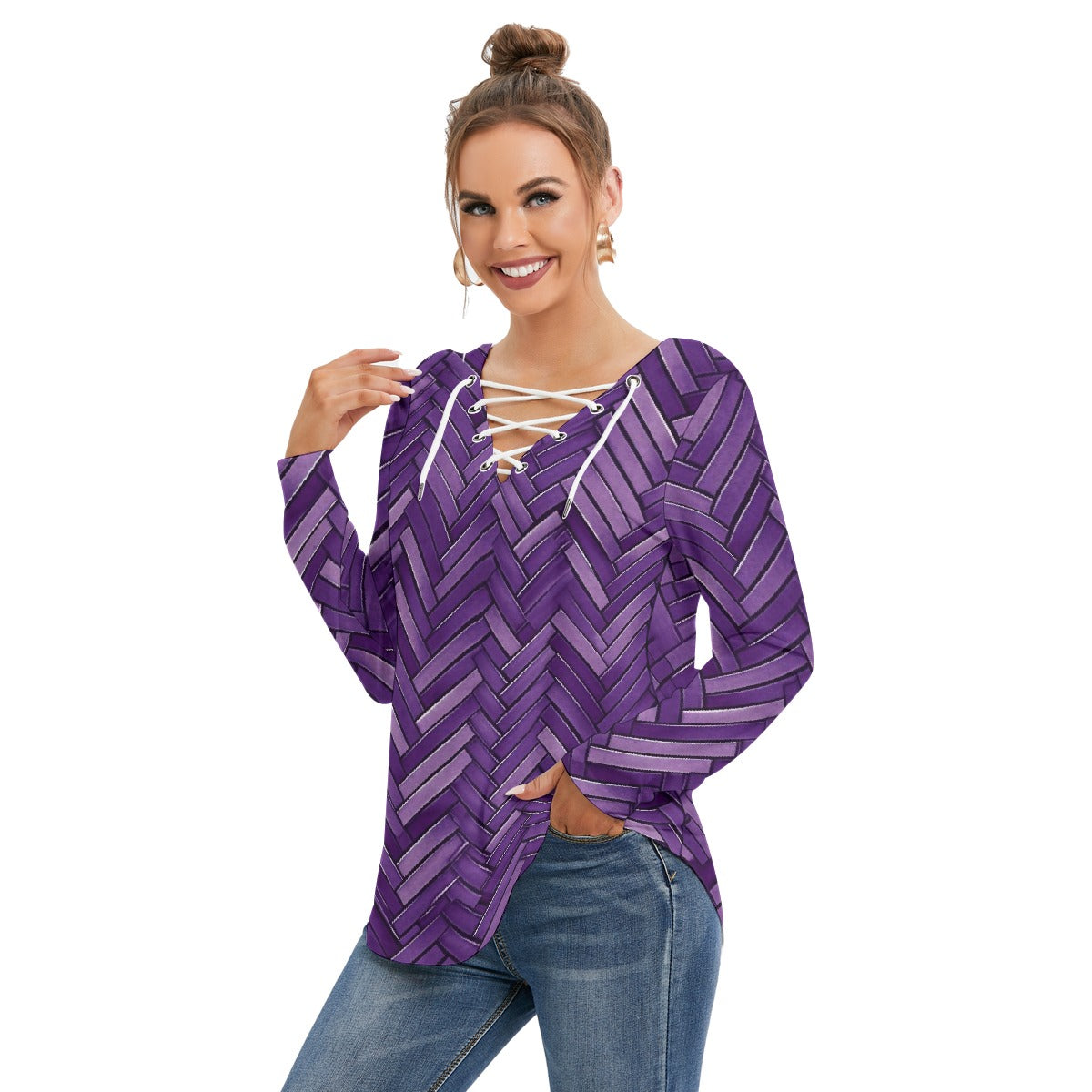 All-Over Print Women's Long Sleeve Neckline Tie Sweatshirt