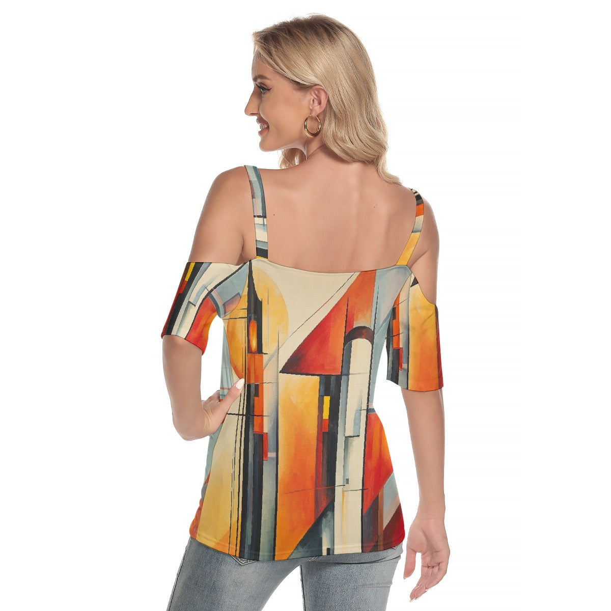 All-Over Print Women's Cold Shoulder T-shirt With Criss Cross Strips