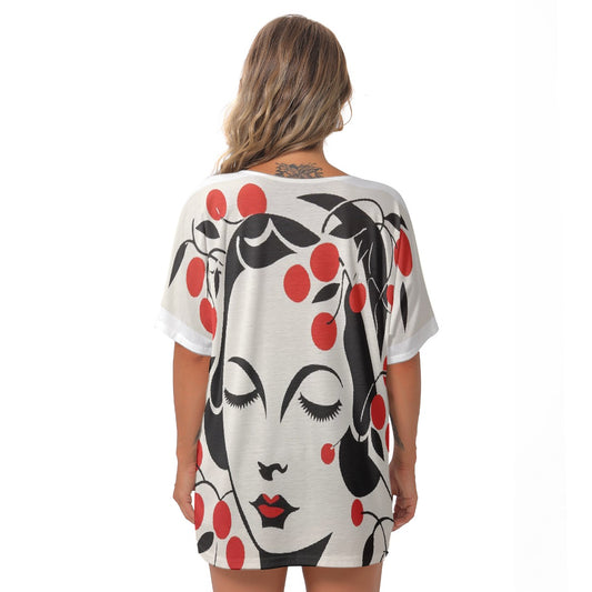All-Over Print Women's Bat Sleeves V-Neck Blouse