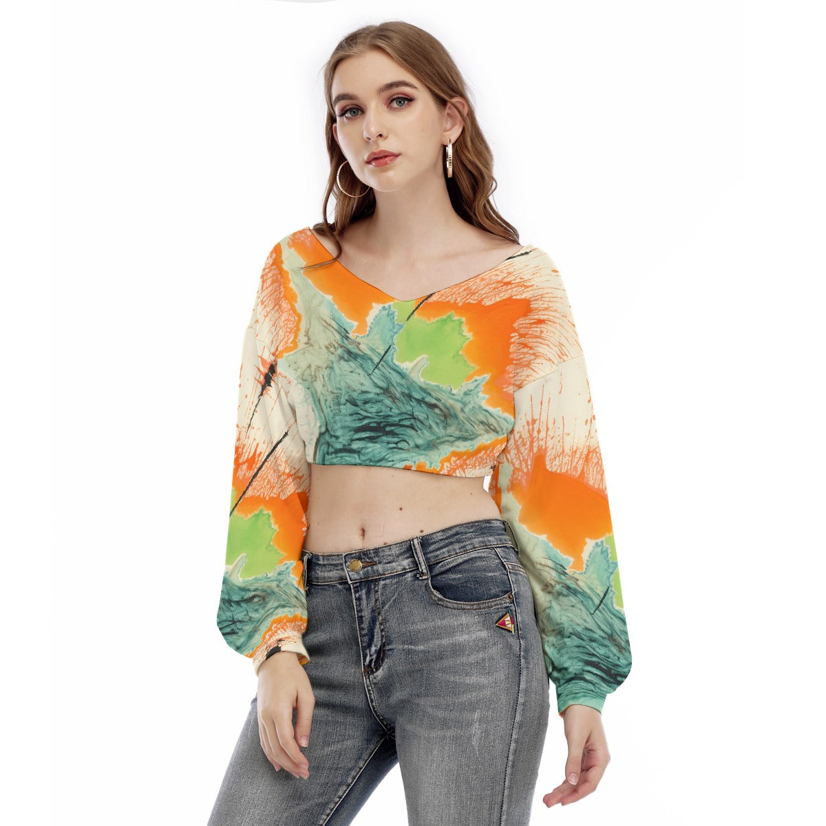 All-Over Print Women's V-neck Long Sleeve Cropped Sweatshirt