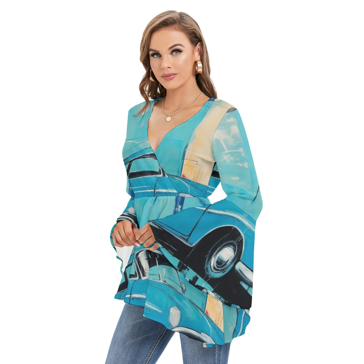 All-Over Print Women's V-neck Blouse With Flared Sleeves