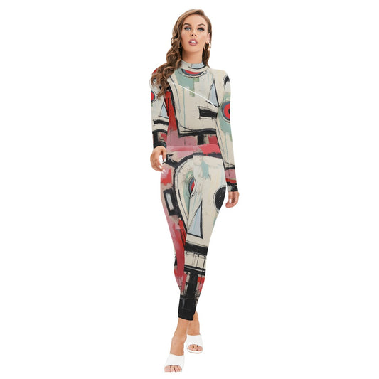 All-Over Print Women's Long-sleeved High-neck Jumpsuit With Zipper