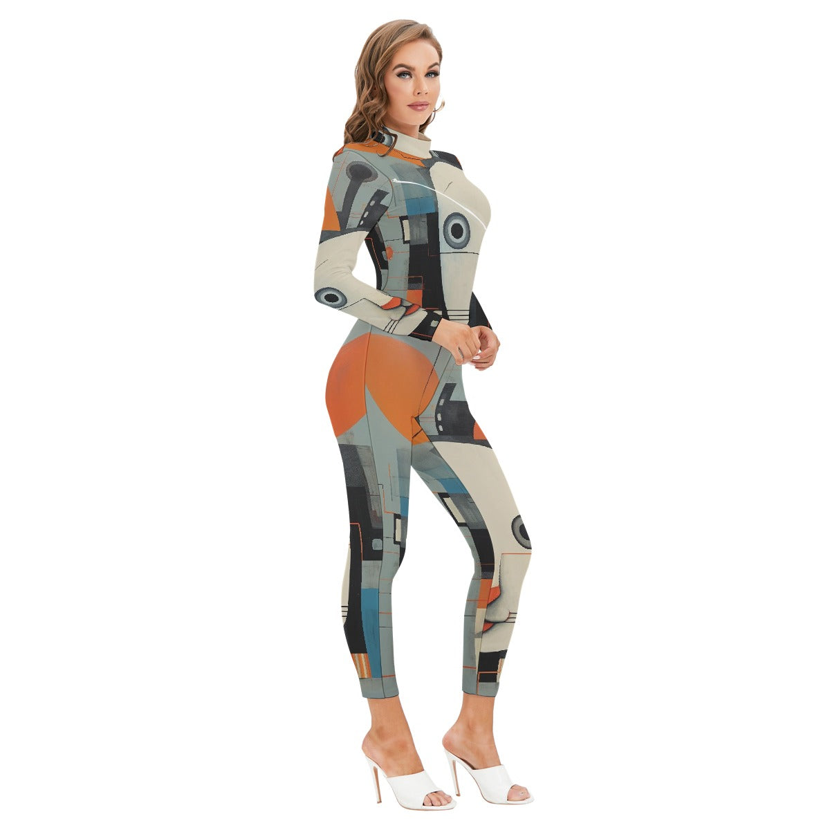 All-Over Print Women's Long-sleeved High-neck Jumpsuit With Zipper