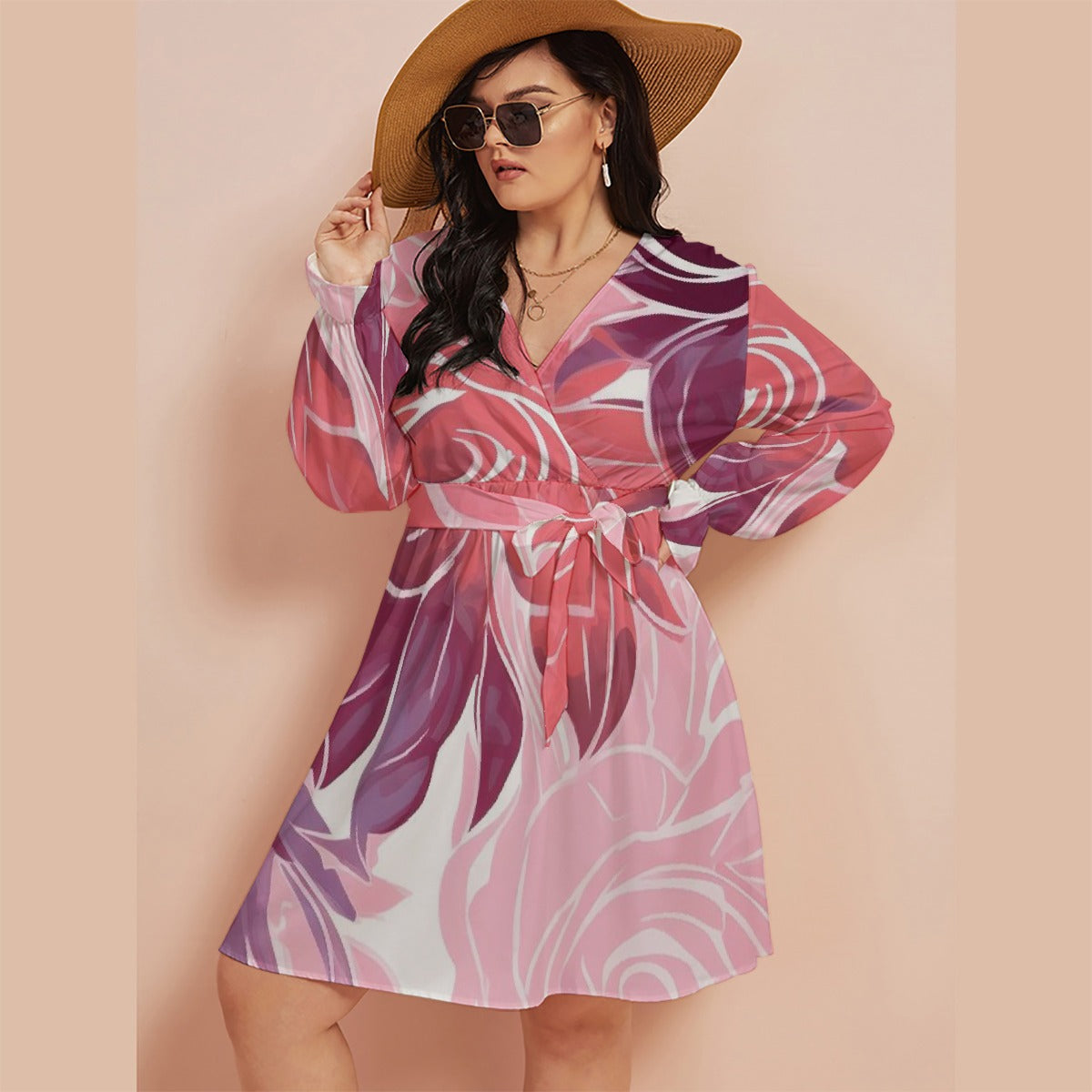 All-Over Print Women's V-neck Dress With Waistband(Plus Size)