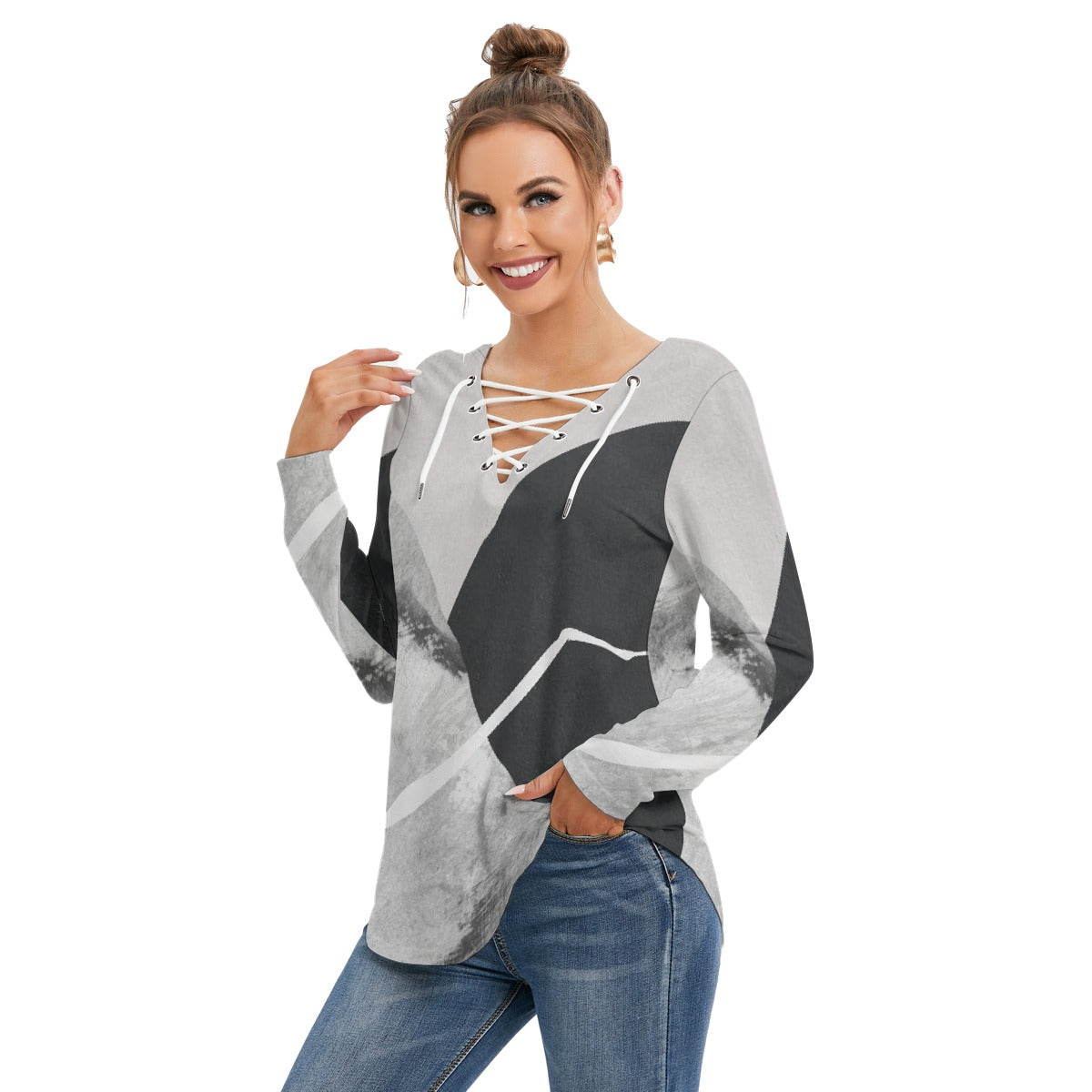 All-Over Print Women's Long Sleeve Neckline Tie Sweatshirt