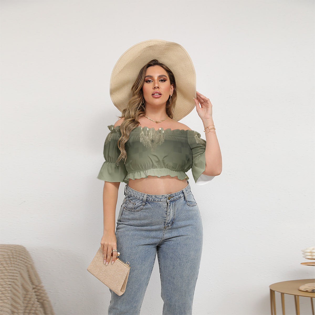 All-Over Print Women's Off-shoulder Cropped Top With Short Puff Sleeve