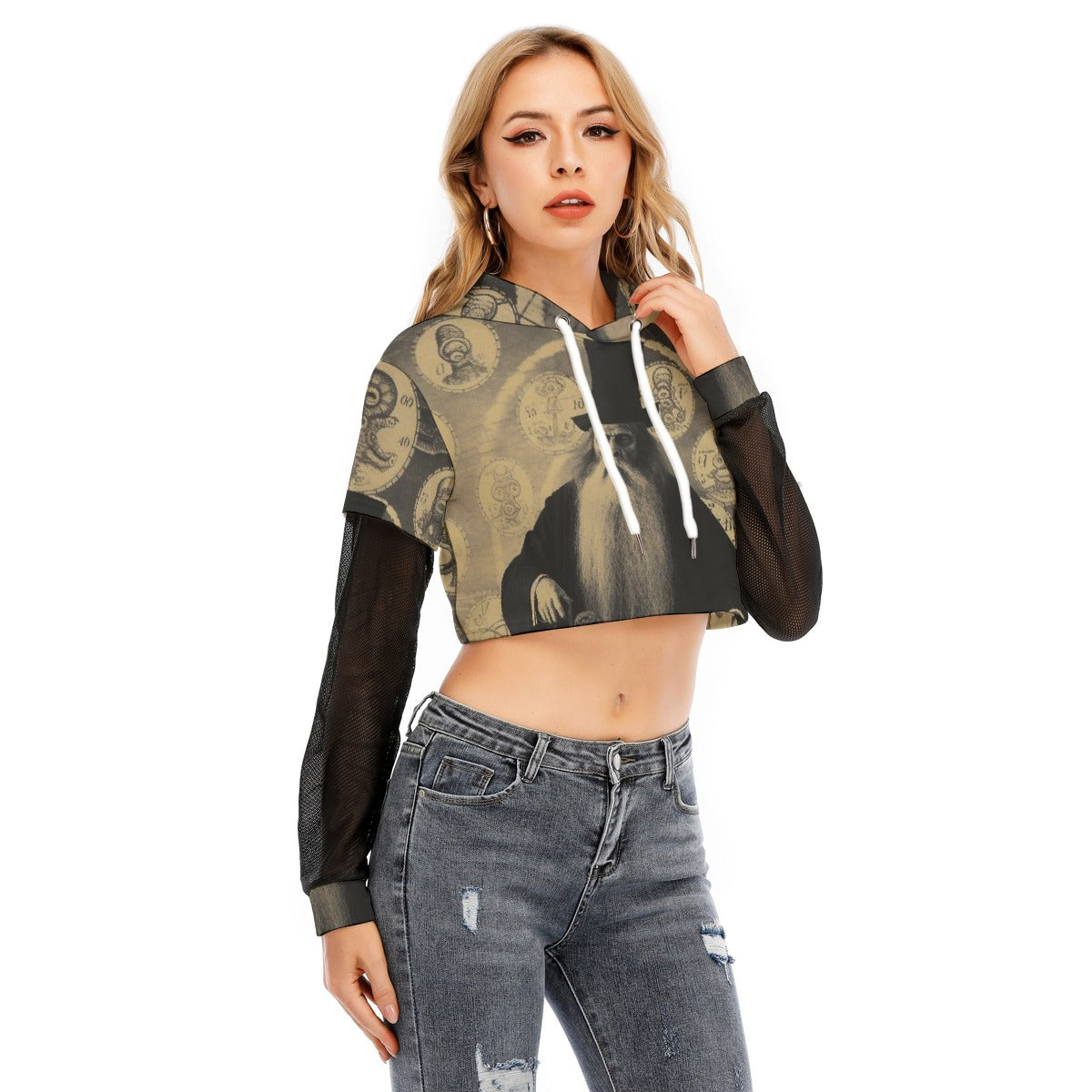All-Over Print Women's Fake Two-piece Mesh Sleeve Cropped Hoodie