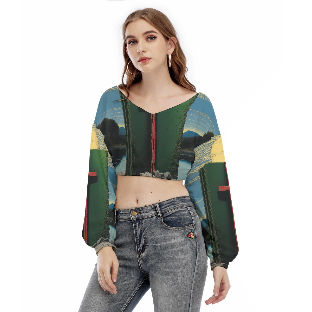 All-Over Print Women's V-neck Long Sleeve Cropped Sweatshirt