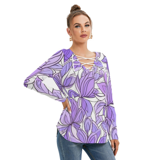 All-Over Print Women's Long Sleeve Neckline Tie Sweatshirt