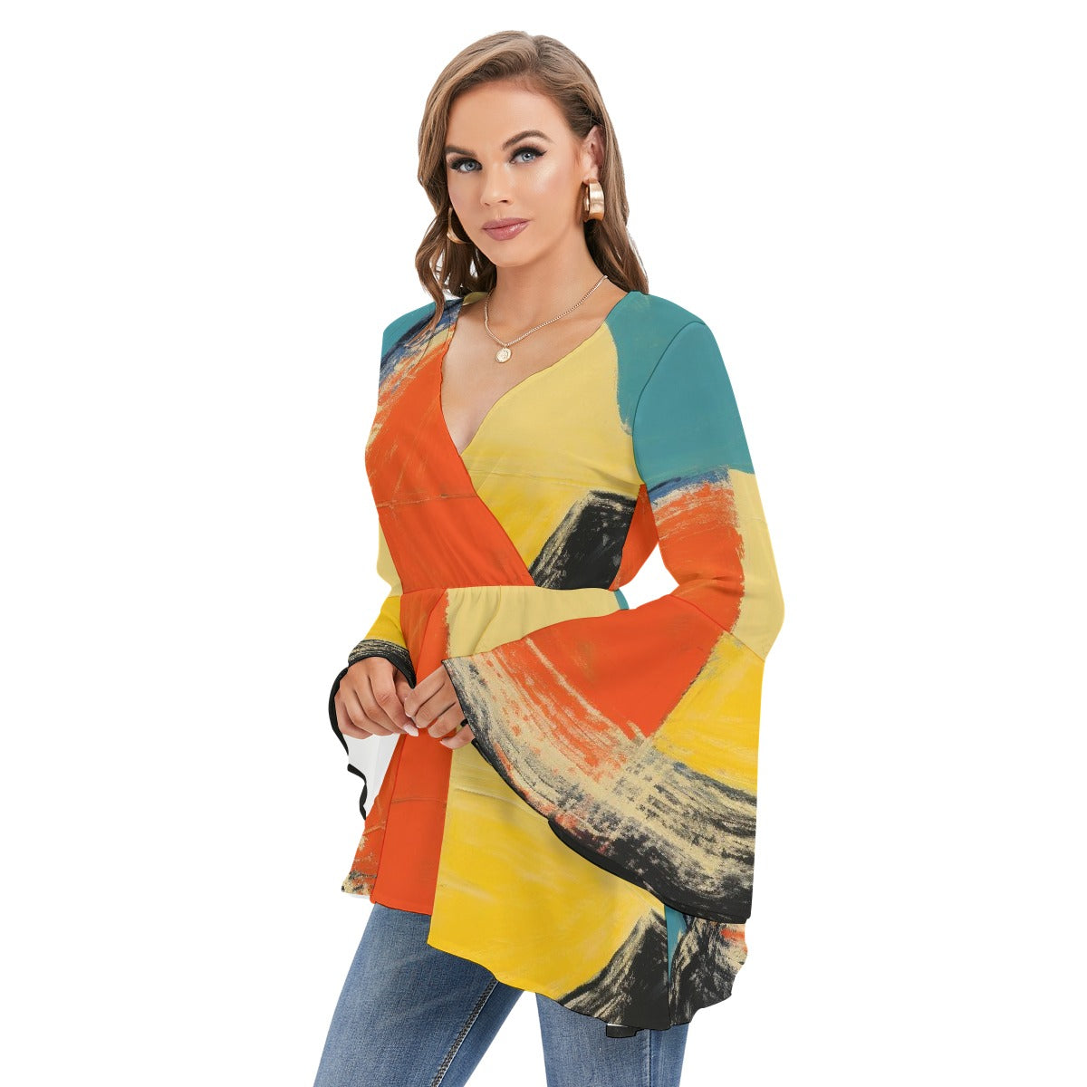 All-Over Print Women's V-neck Blouse With Flared Sleeves