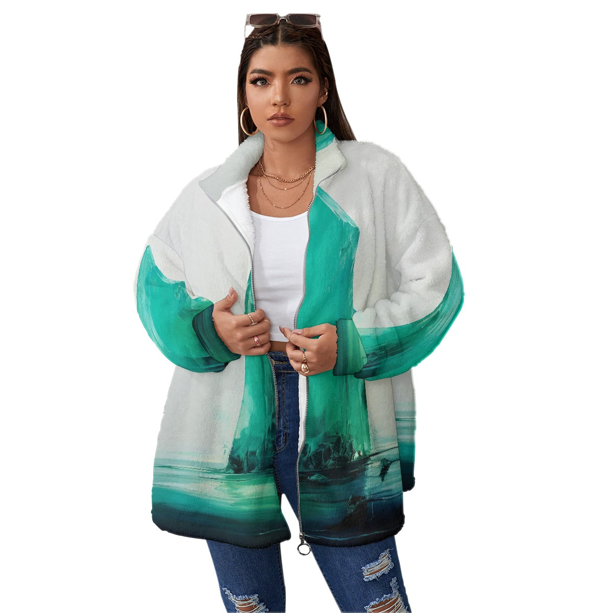 All-Over Print Unisex Borg Fleece Stand-up Collar Coat With Zipper Closure(Plus Size)