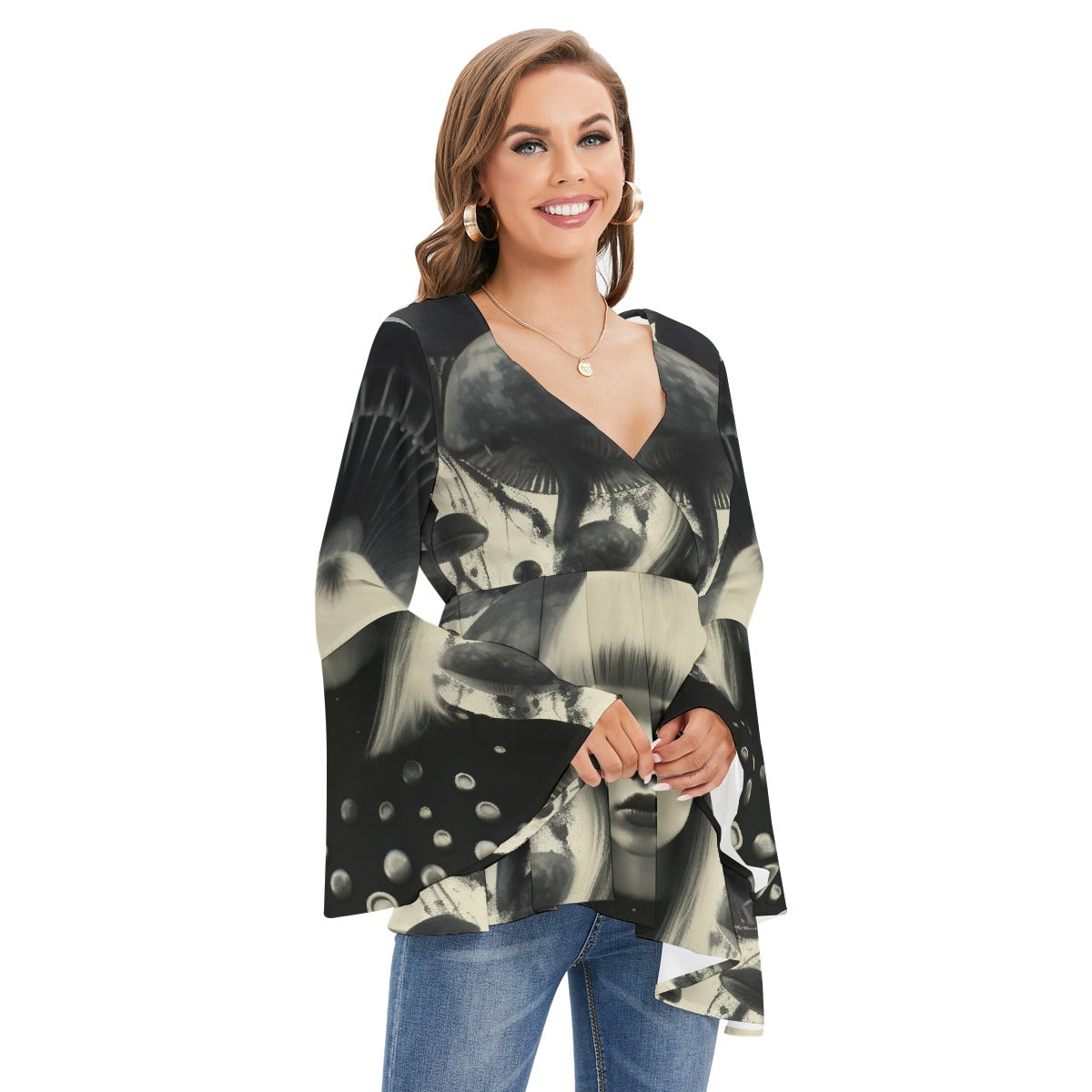 All-Over Print Women's V-neck Blouse With Flared Sleeves
