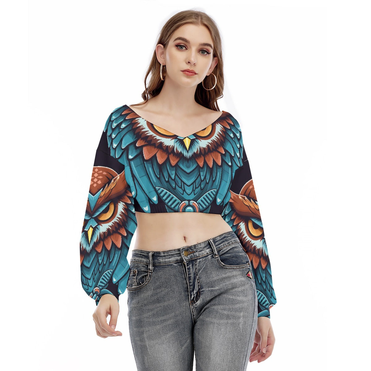 All-Over Print Women's V-neck Long Sleeve Cropped Sweatshirt