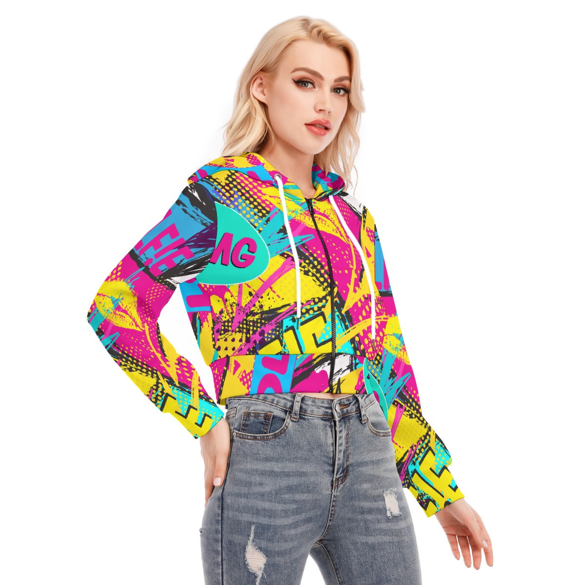 All-Over Print Women's Crop Top Hoodie With Zipper Closure