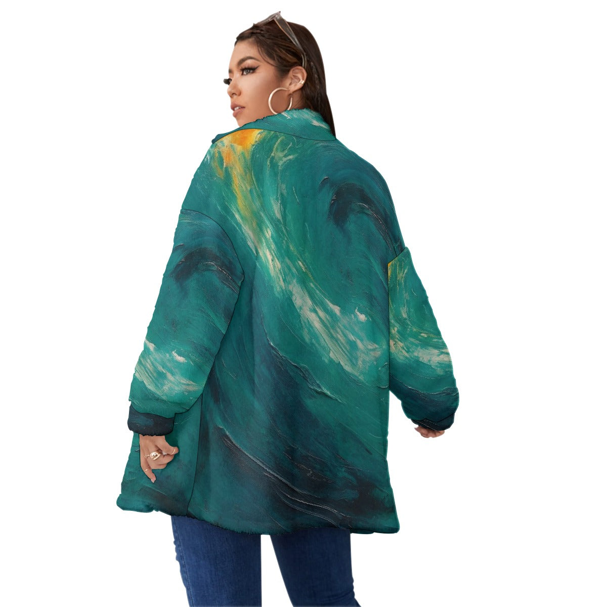 All-Over Print Unisex Borg Fleece Stand-up Collar Coat With Zipper Closure(Plus Size)