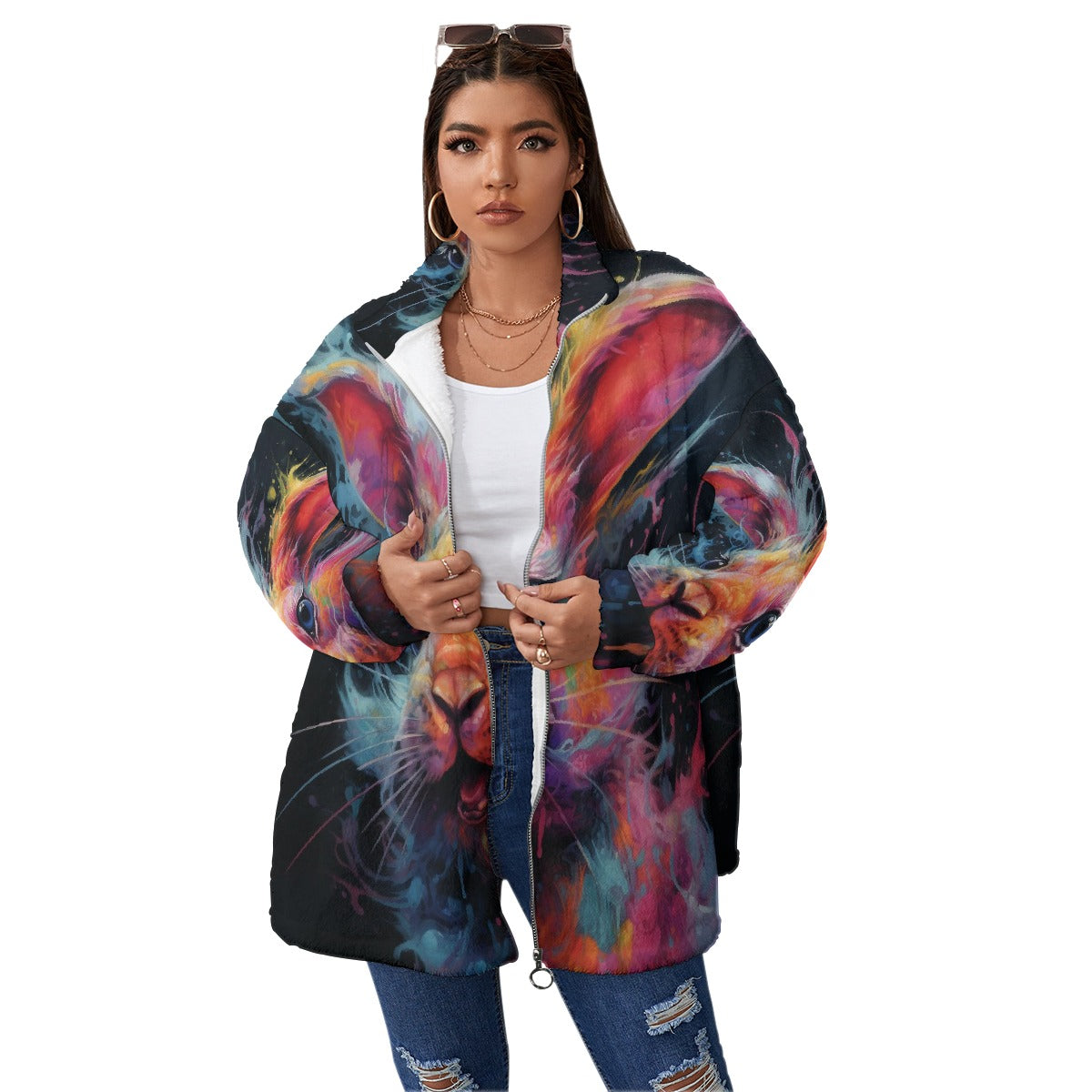 All-Over Print Unisex Borg Fleece Stand-up Collar Coat With Zipper Closure(Plus Size)
