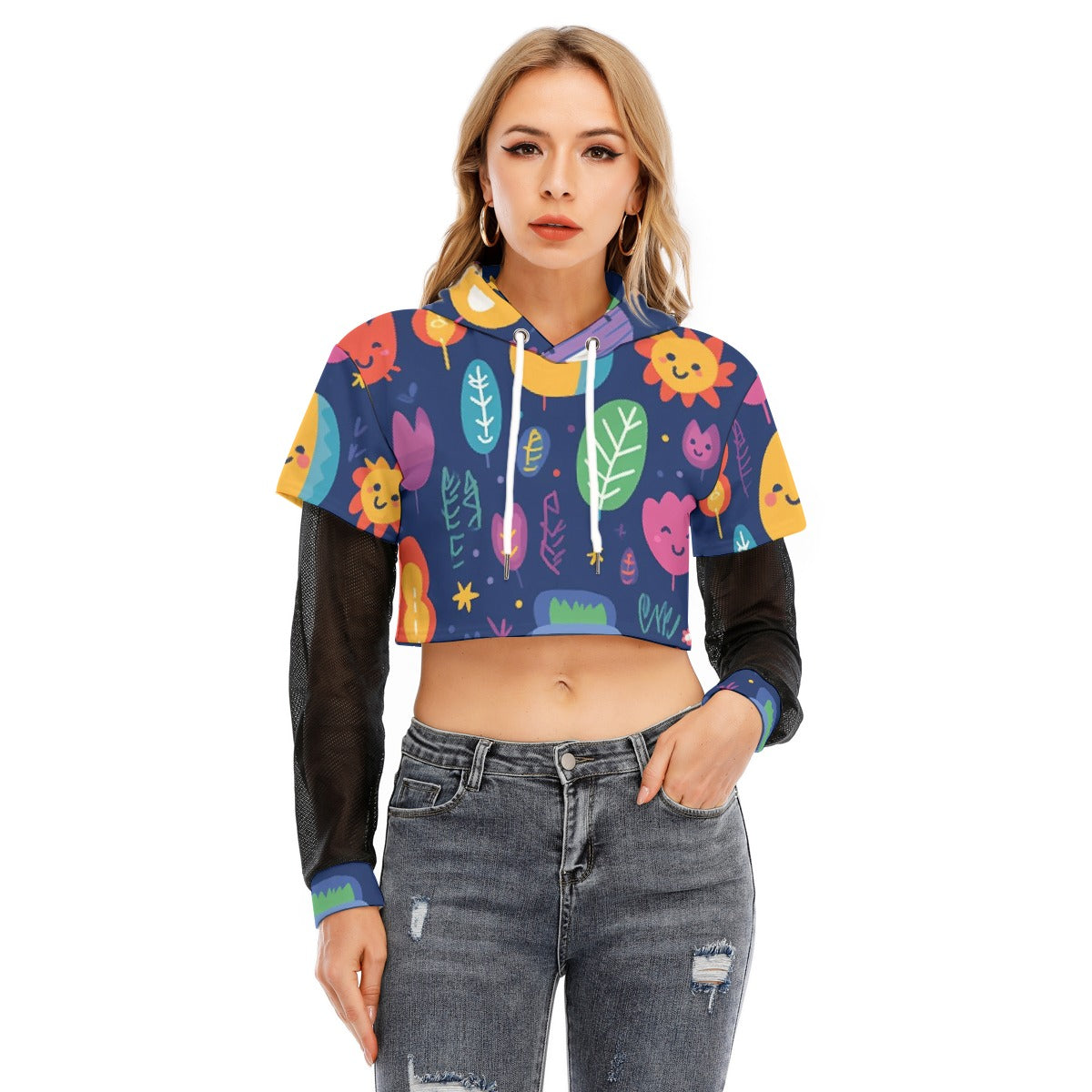All-Over Print Women's Fake Two-piece Mesh Sleeve Cropped Hoodie