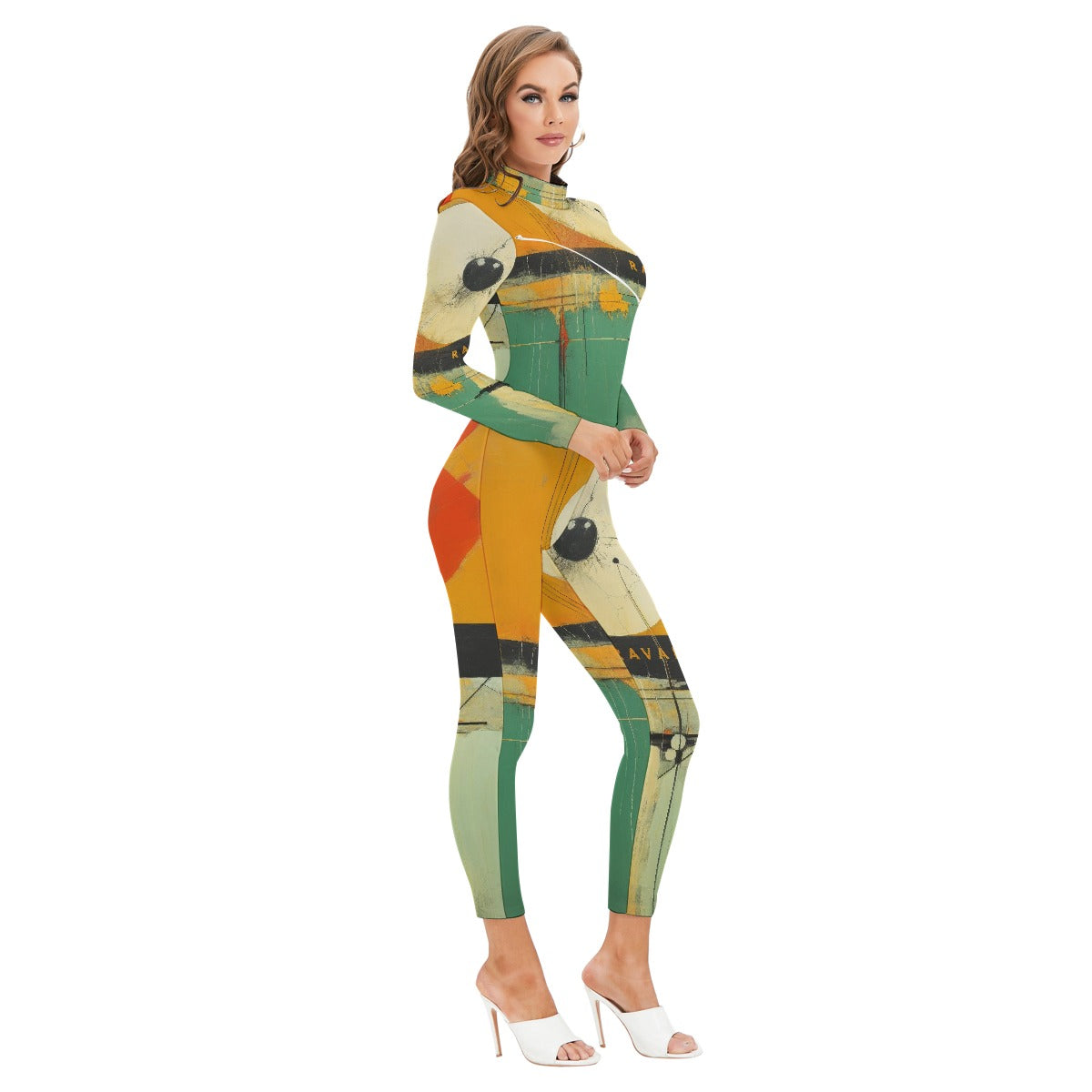 All-Over Print Women's Long-sleeved High-neck Jumpsuit With Zipper