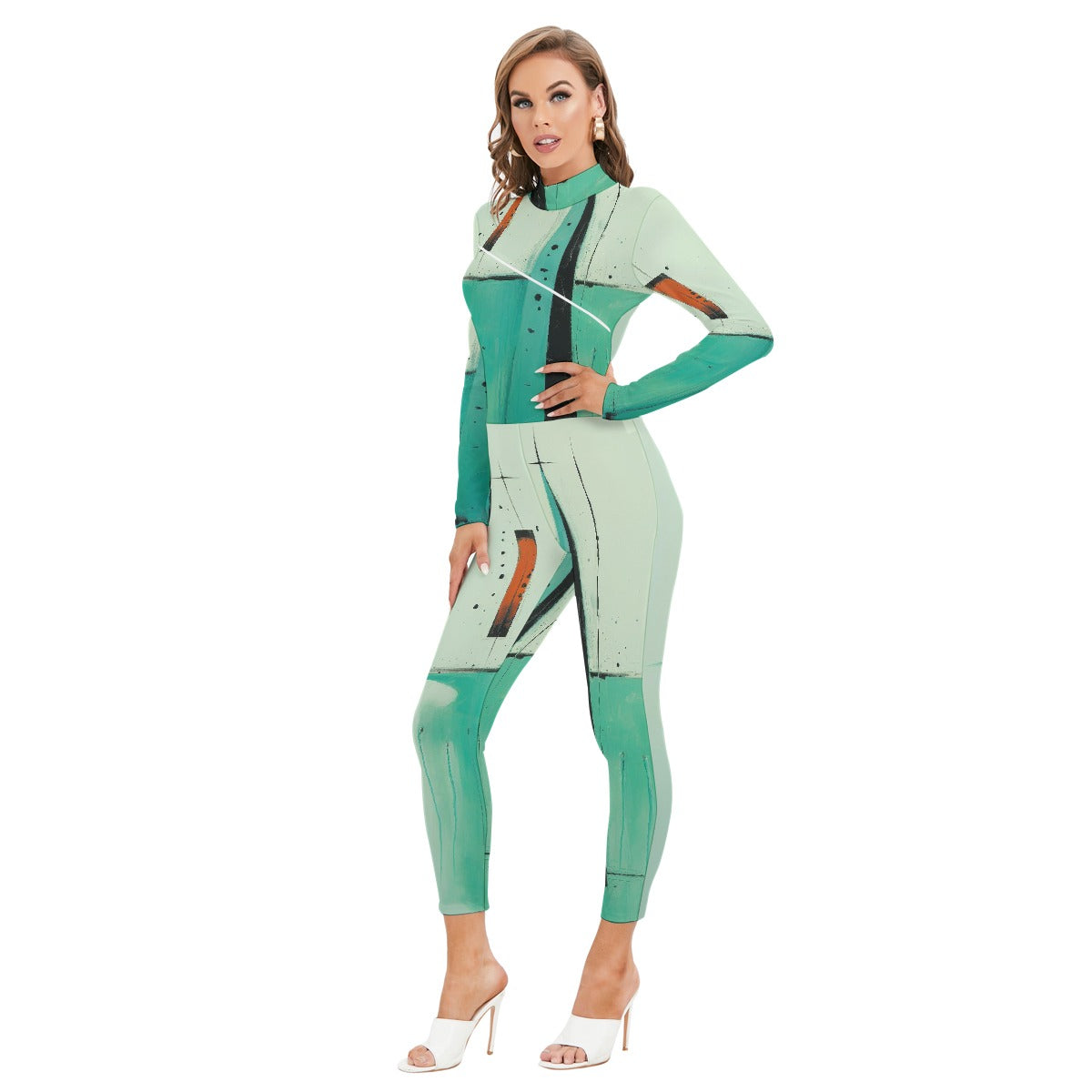 All-Over Print Women's Long-sleeved High-neck Jumpsuit With Zipper