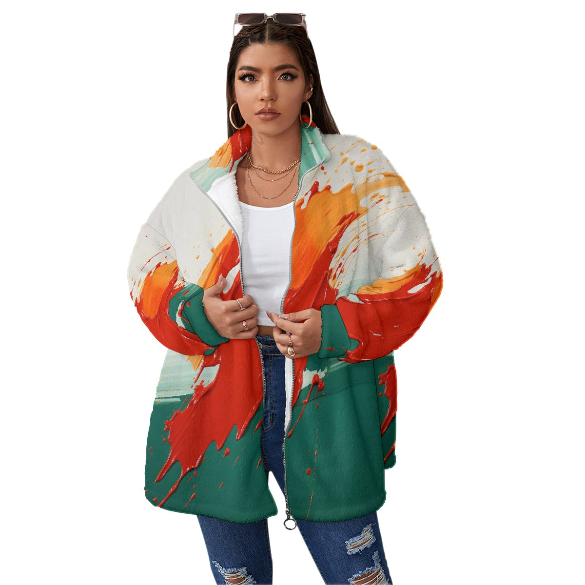 All-Over Print Unisex Borg Fleece Stand-up Collar Coat With Zipper Closure(Plus Size)