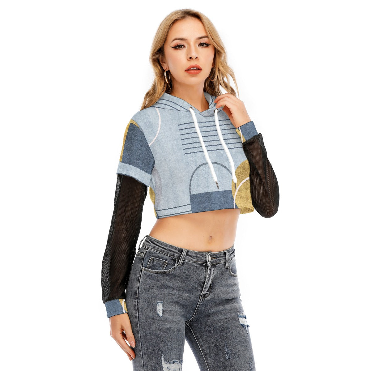 All-Over Print Women's Fake Two-piece Mesh Sleeve Cropped Hoodie