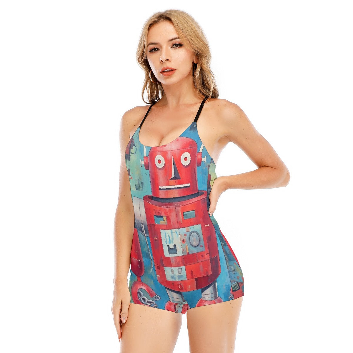 All-Over Print Women's Backless Romper With Black Straps