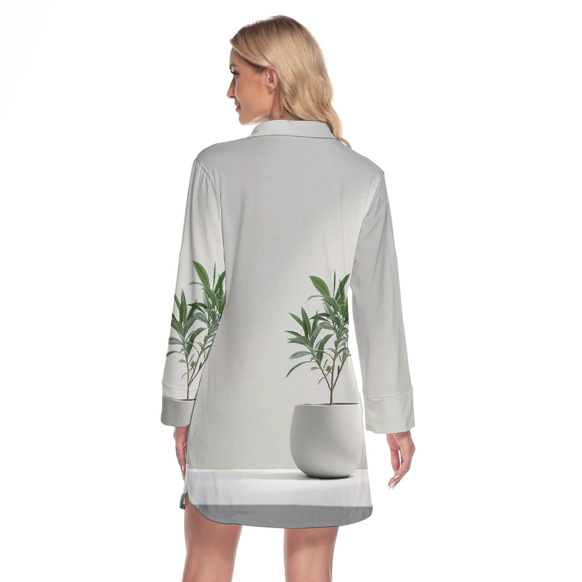 All-Over Print Women's Lapel Shirt Dress With Long Sleeve