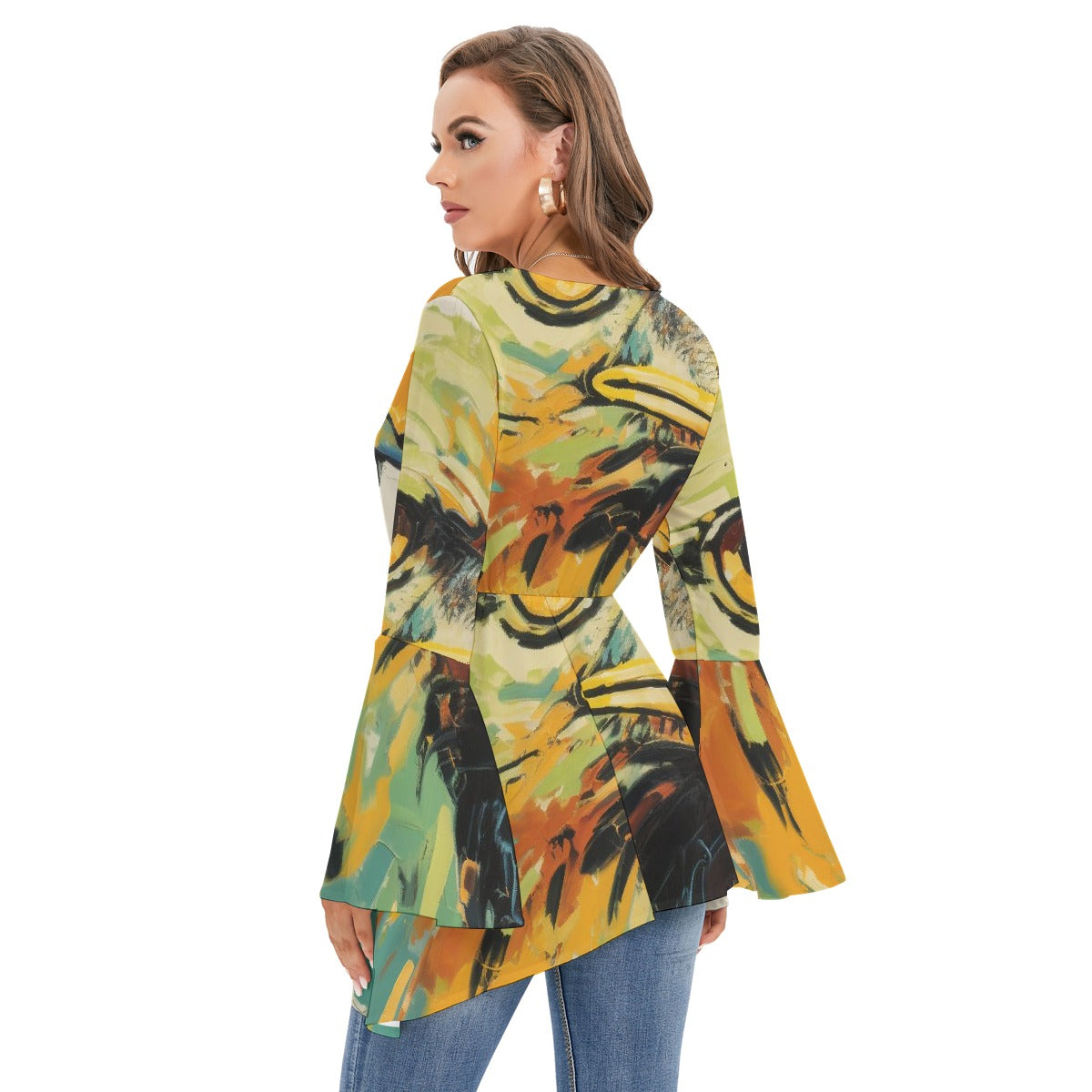 All-Over Print Women's V-neck Blouse With Flared Sleeves